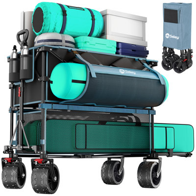 Chariot pliant à deux étages avec freins 400l de grande capacité avec freins, chariot de rallonge extra long de 48 po, wagons pliables robustes de 500 lb, grandes roues tout-terrain pour le camping, les sports et le magasinage. Bleu