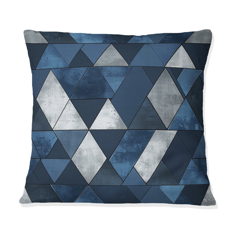 Triangles bleus et blancs III - Coussin décoratif moderne, H 16 po x l 16 po