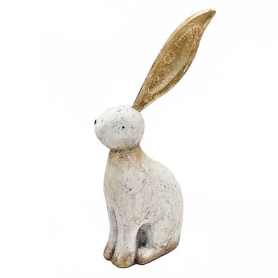 Figurine 11 x 5,7 x 24,8 po en forme de lapin en magnésium blanc avec oreilles en fer doré