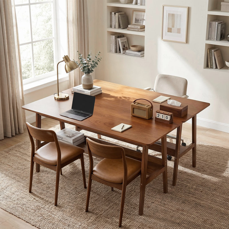 Poste de travail simple pour 2 personnes, table de travail Mid Century avec tablettes de rangement pour bureau personnel