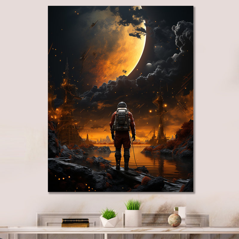 Art noir de la planète noire, "Odyssée perdue II", Cadre flottant doré, H 32 po x l 16 po x P 1 po