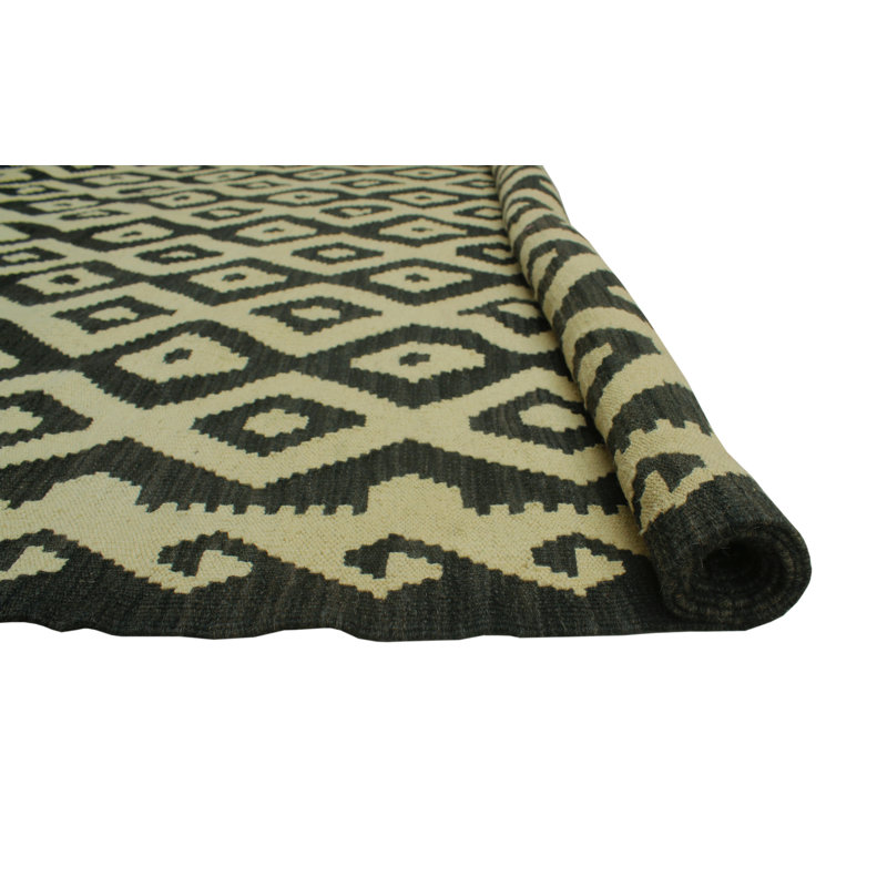 Tapis noir / beige en laine noué à la main de conception unique 5 pi x 6 pi 4 po Janavia