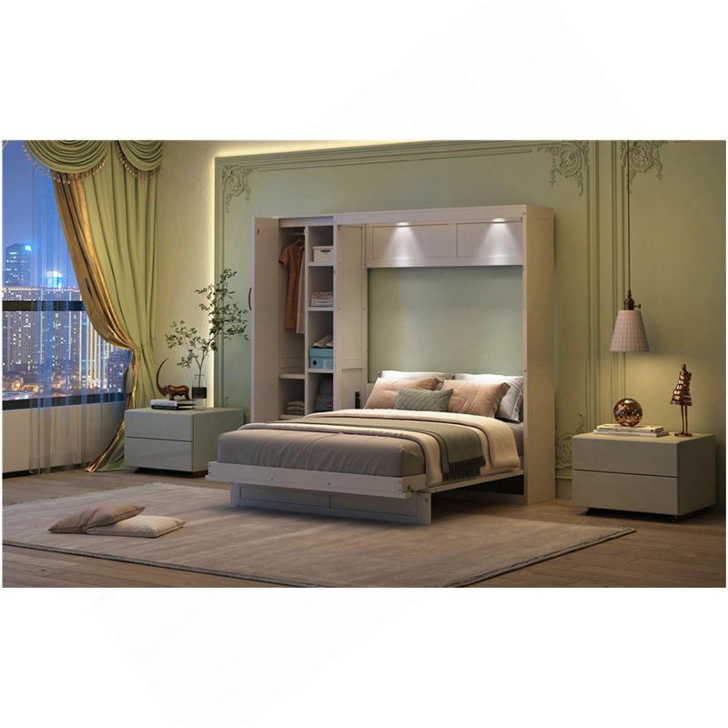 Lit escamotable double pleine grandeur avec tablettes, garde-robe et lumières DEL, blanc, Lit double, Blanc