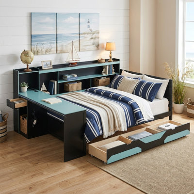 Base de lit de jeu avec bureau, lumières DEL et station de charge, lit de rangement avec tiroirs et tête de lit bibliothèque pour l'aménagement de la chambre à coucher de jeu