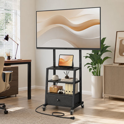 Petit meuble télé noir avec roulettes, support et tiroir en tissu, avec prise de courant, 15 pouces de large, parfait pour la chambre à coucher ou le salon
