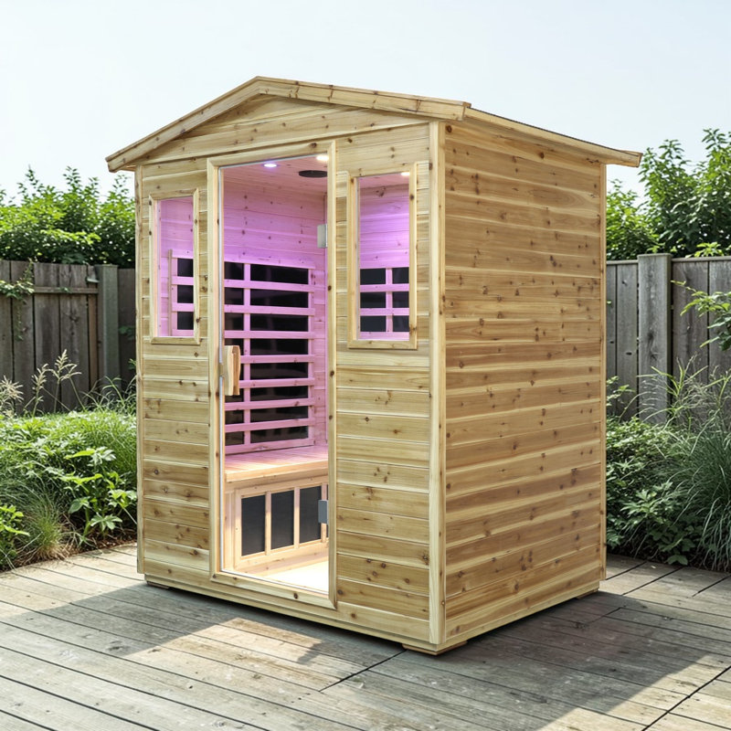 KISRAIS Outdoor Sauna, 4 Person Low EMF 8 Heaters Far Infrared Sauna with Chromotherapy Lights, Reading Lights, RLT & NIR Light, Bluetooth Speakers, Folding Table | Personal Indoor/Outdoor Dry Heat Sauna – Made from Canadian Old Fir