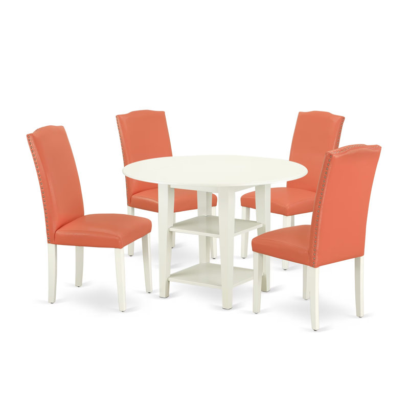 L'ensemble de table de cuisine 5 pièces comprend une table de salle à manger ronde avec Dropleaf et des tablettes et 4 chaises parsons en simili cuir flamant rose, lin blanc