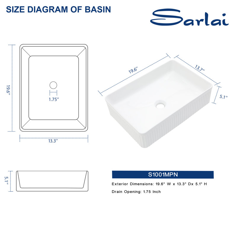 Lavabo vasque rectangulaire en céramique avec lignes décoratives rainurées L 19 po x l 13 po Sarlai