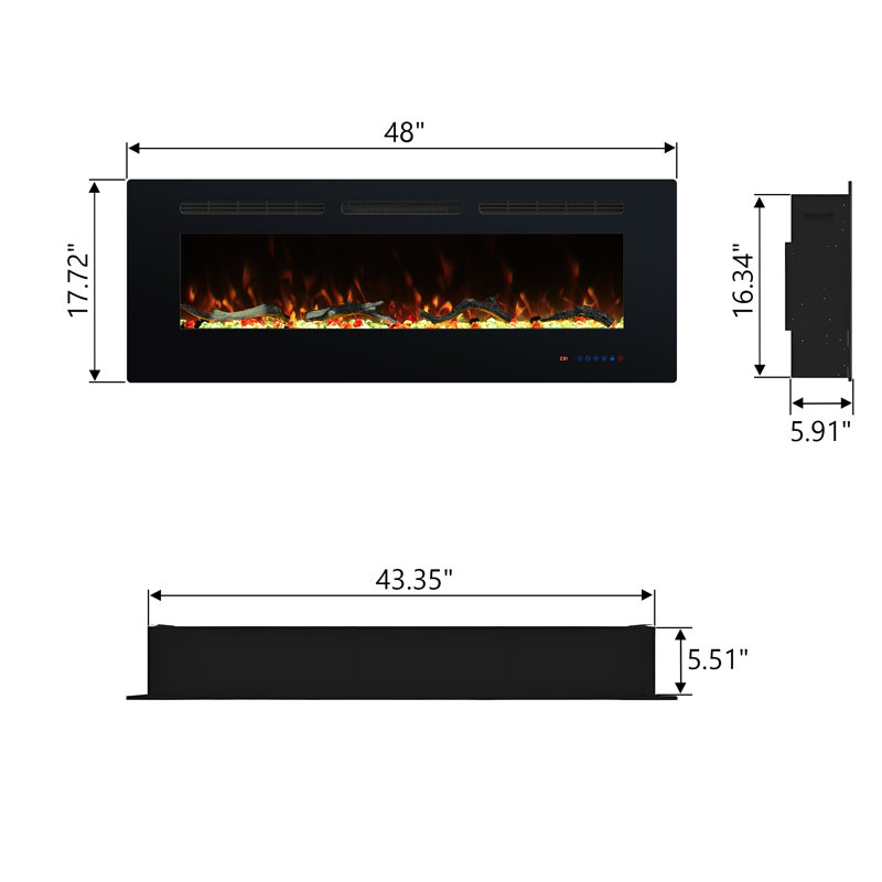 Recessed and Wall-mounted Electric Fireplace Inserts With 13 Flame and Fuel bed Colours, 750/1500W, Timer