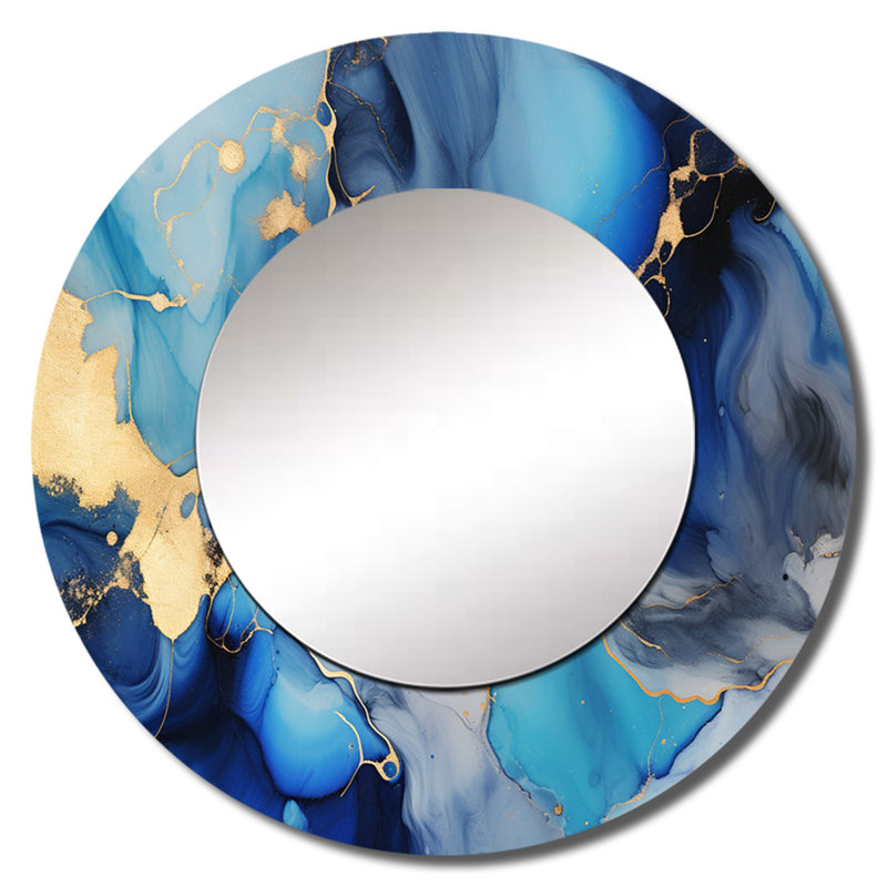 «Sebella», bleu et or, luxe abstrait, art fluide II - miroir unique de fractales, grand miroir mural rond bleu, impression d'art en métal
