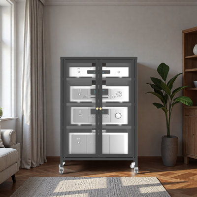 Armoire de rangement multimédia haute 35,8 po avec roulettes, meuble télé stéréo AV avec 4 tablettes et porte réglables en verre, structure en acier robuste pour le salon, assemblage facile