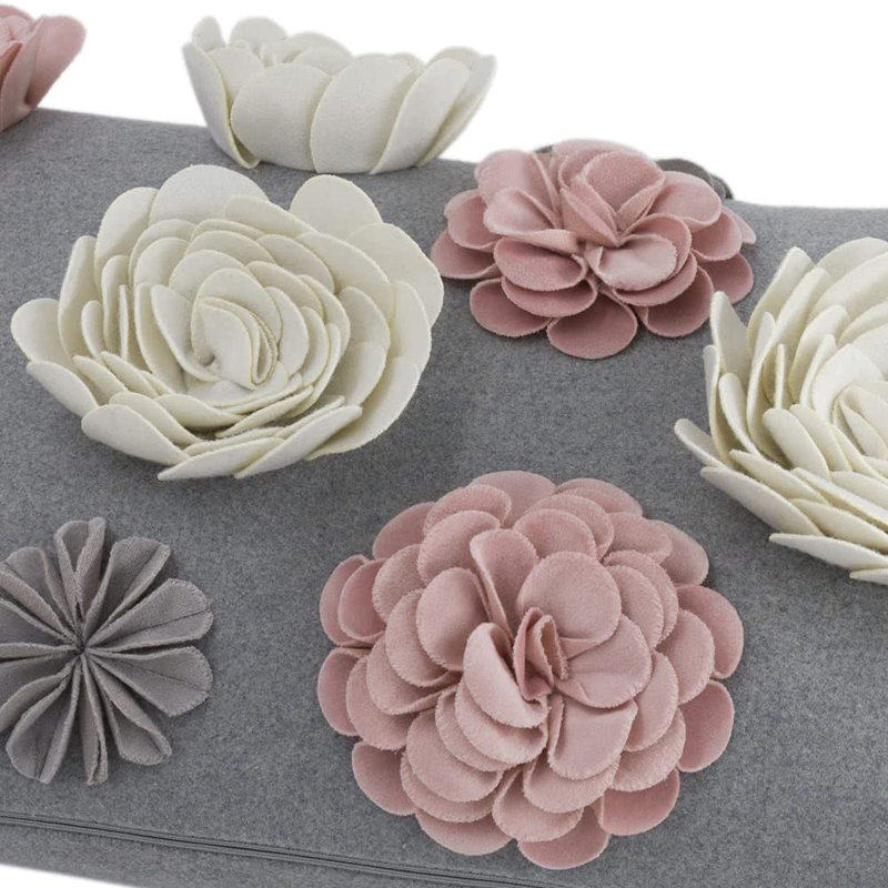 3D Floral Throw Pillow Cover Handmade Flower Pillow Case Decorative Cushion Cover Home Décor 12 x 20, Gray/Pink