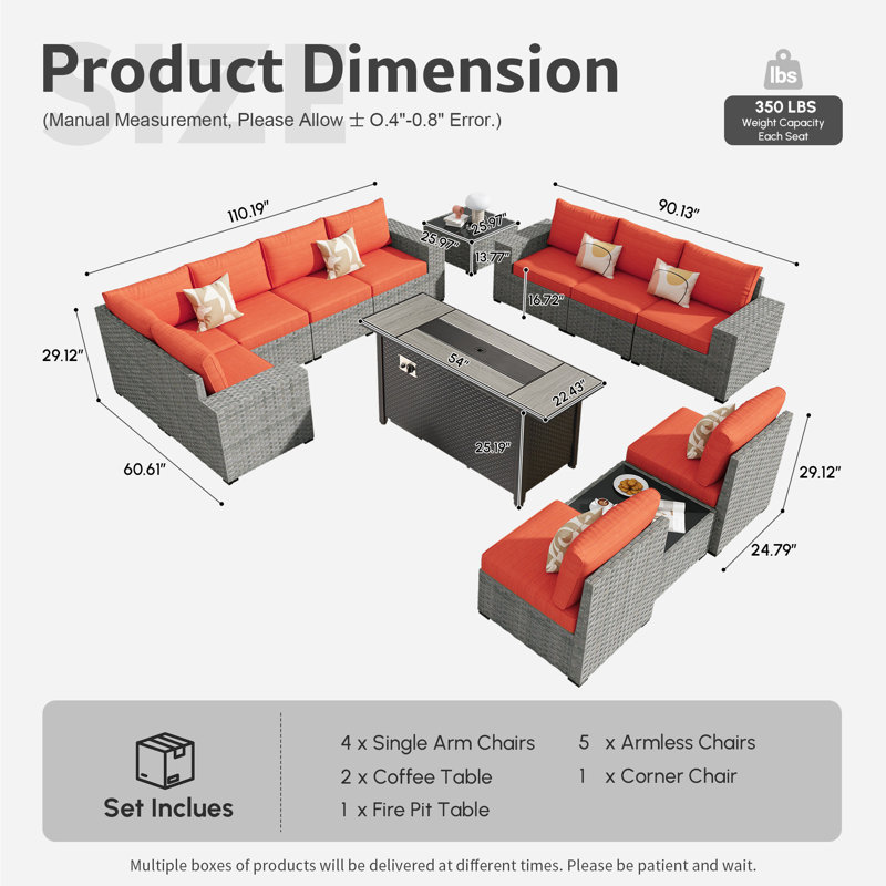 Sei 10 - Person Patio Conversation Set with Cushions, Orange