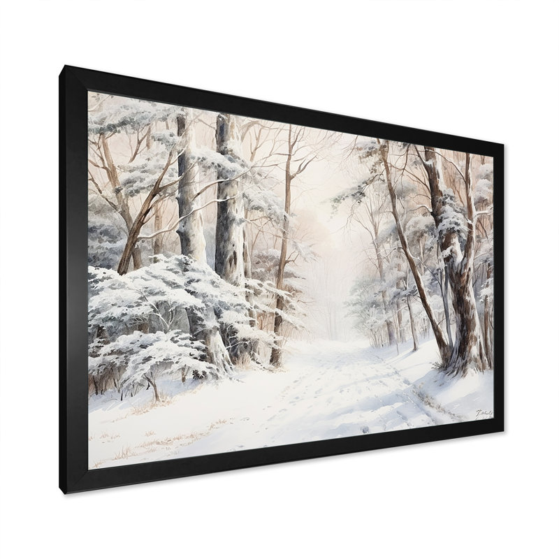 Hiver, forêt, charme de neige, paysage - neige, art mural, H 12 po x l 20 po x P 1 po, Cadre simple noir