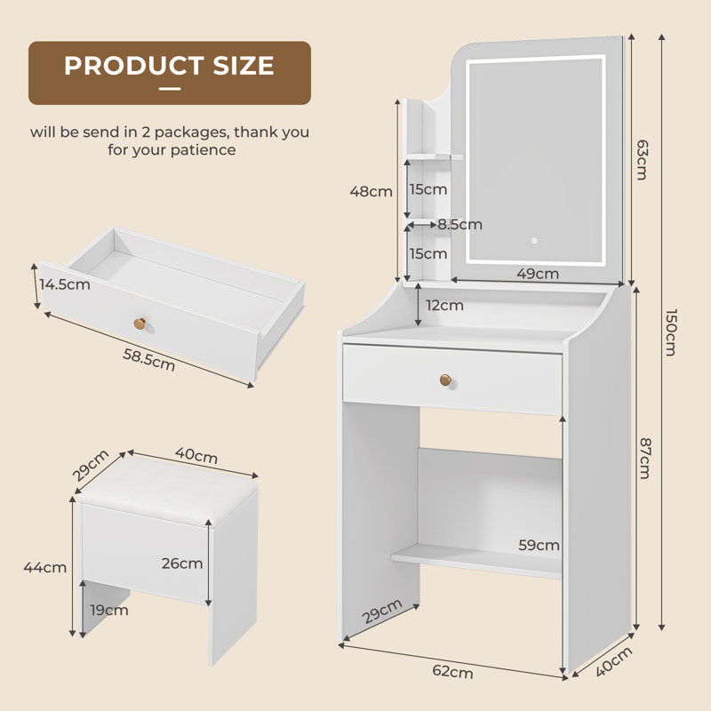 Dressing Table Set with LED Lighting Mirror, 3 Light Colors, Adjustable Brightness,Vanity Table with Hidden Storage Stool