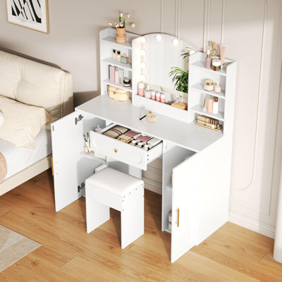 Jaxenor LED Dressing Table with Mirror and Stool, Vanity Table with 1 Drawer & 2 Cabinet Doors, Modern Makeup Table with Storage