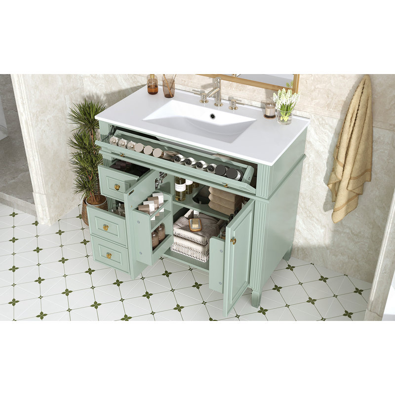 Meuble-lavabo de salle de bain avec lavabo, armoire en bois avec tiroir et 2 portes à fermeture en douceur, Vert