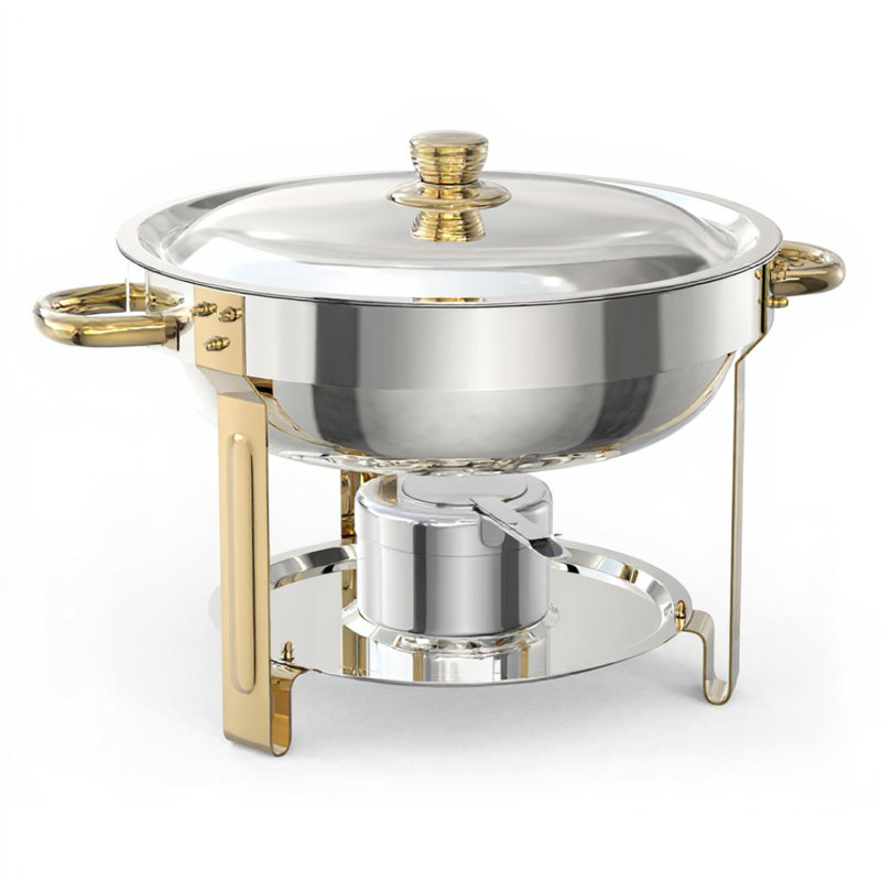 Chafing Dish for Buffet 2 Pack, 5QT Round Chafing Dishes Buffet Set w/Lid Holder, Stainless Steel Chafers and Food Warmers with Spoon and Tweezers for Parties, Weddings, Events, Banquet, Gold