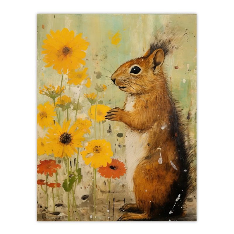 Squirrel In The Marigolds Stop To Smell The Flowers Oil Painting Large Wall Unframed Art Poster Print Thick Paper 18X24 Inch