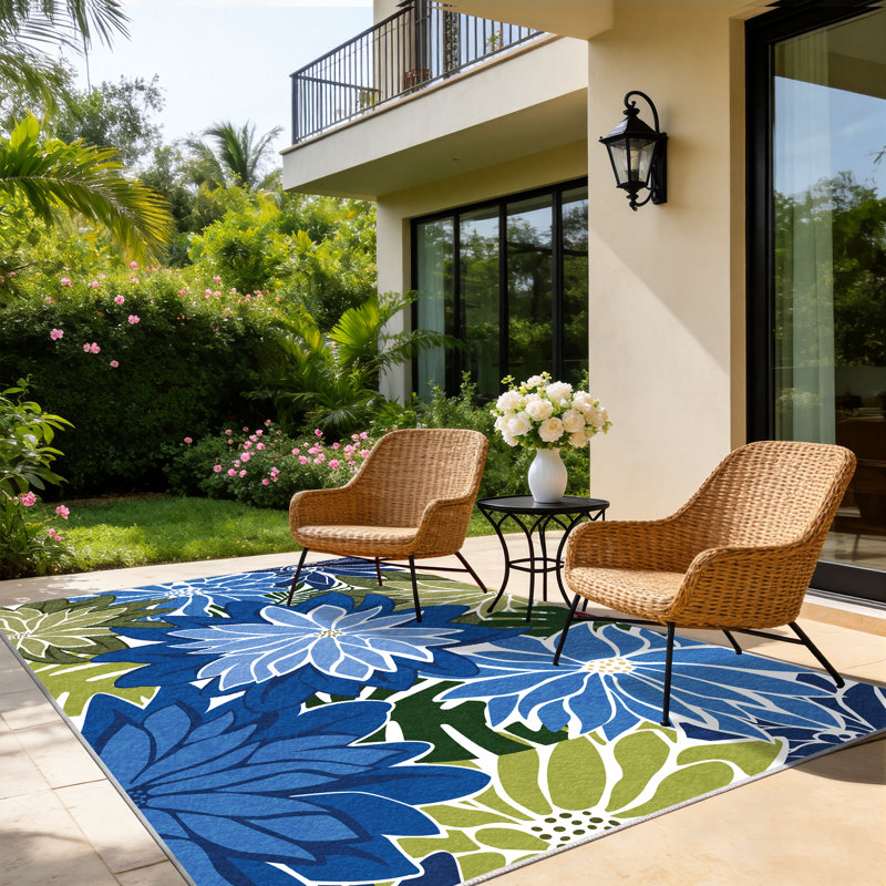 ZonLi Tropical Floral Indoor/Outdoor Rug, 8' x 10', Blue/Green, Waterproof, Washable, Non-Slip, 8x10FT, Blue/Green