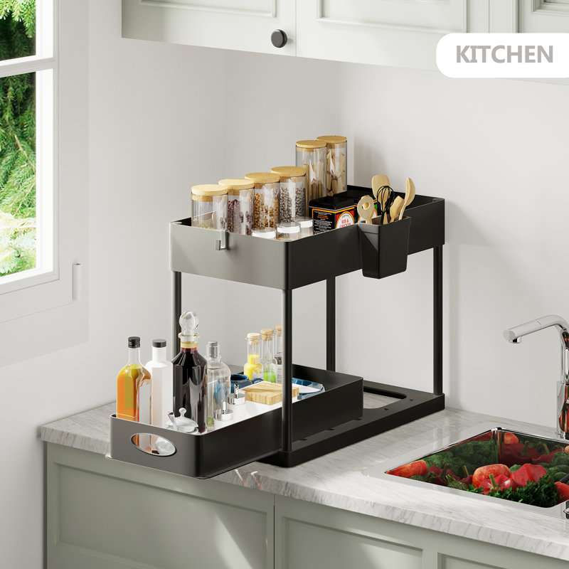 StorageBud 2 Tier Non-Slip Grip Under Sink Organizer with Utility Hooks, Side Caddy & Sliding Drawer, Black