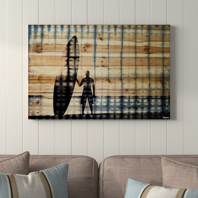 «Surf At Dusk» par Parvez Taj - reproduction d'art sur bois de pin naturel en noir / beige