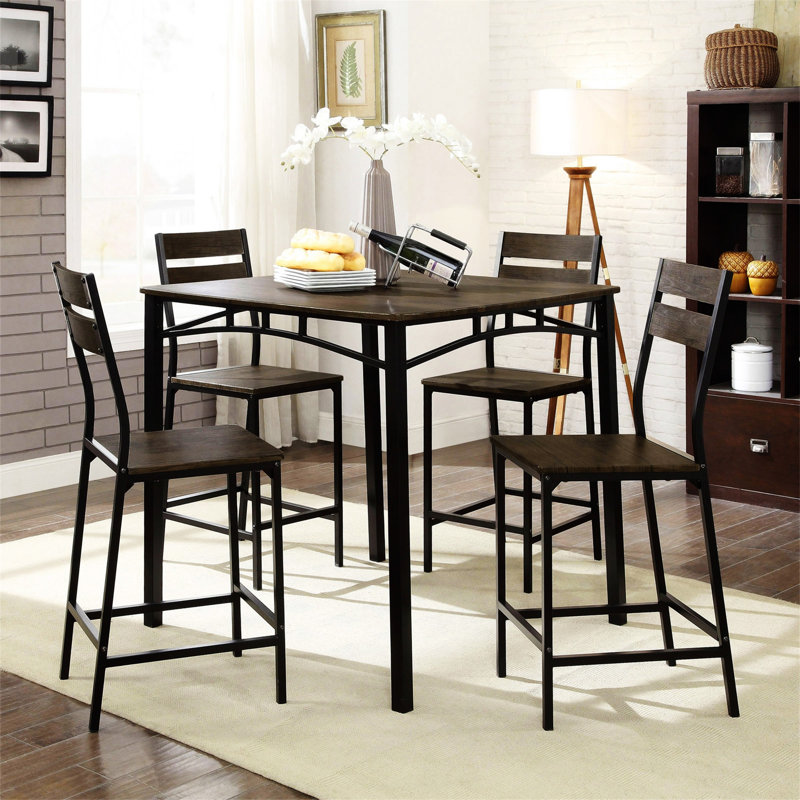 Black Metal Frame Counter Height Dining 5Pc Set Wooden Set Table Top Counter Height Dining Table 4X High Chairs Dining Room