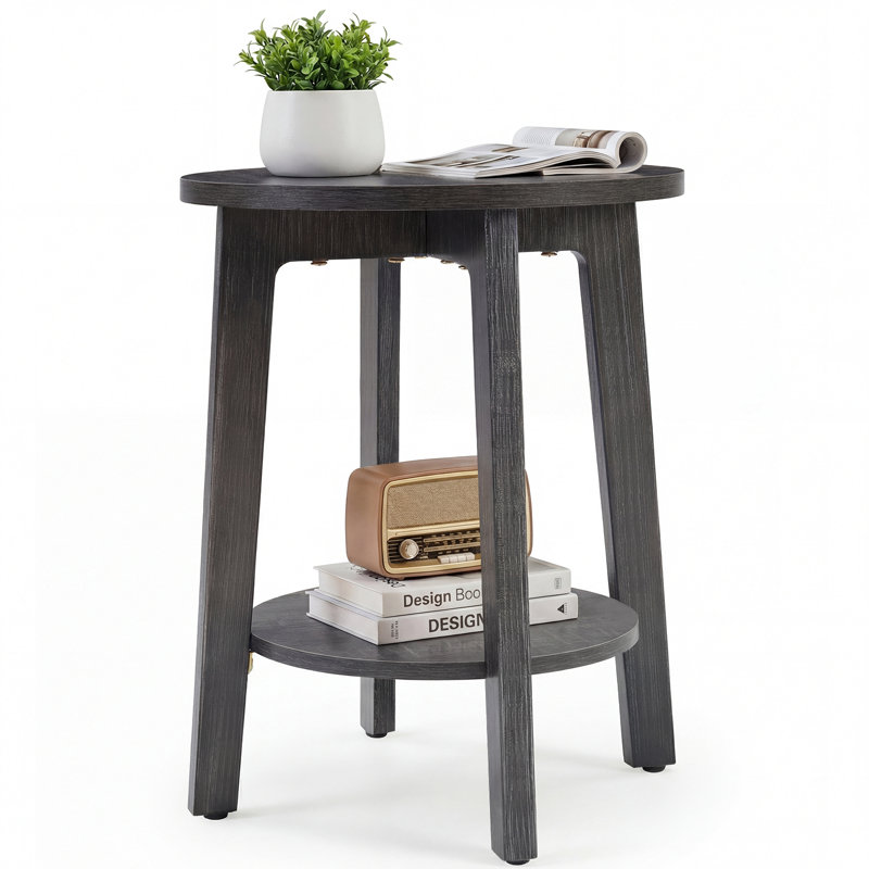 2-Tier Round Side Table with Tapered Legs, Small End Table for Living Room, Bedroom, Gray