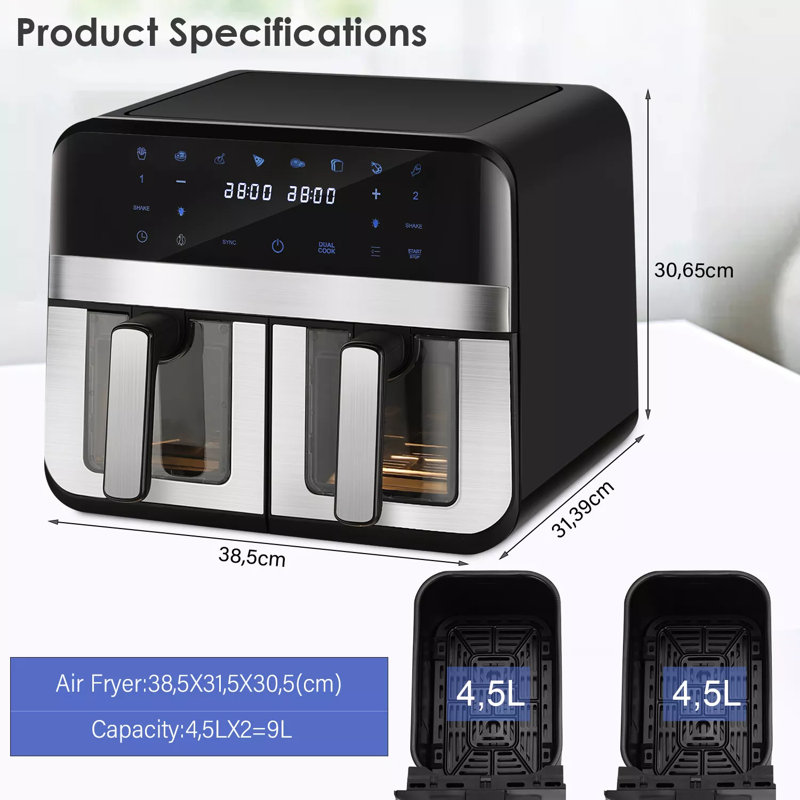 Oyajia 8-In-1 Air Fryer Double Digital Display Rapid Healthy Cooker Dual Basket 4.5L+4.5L For Home Use，Visual Observation Window, Smart Timer And Temperature Settings，8 Touch Screen Presets For Frying, Baking, Dehydrating, Roasting