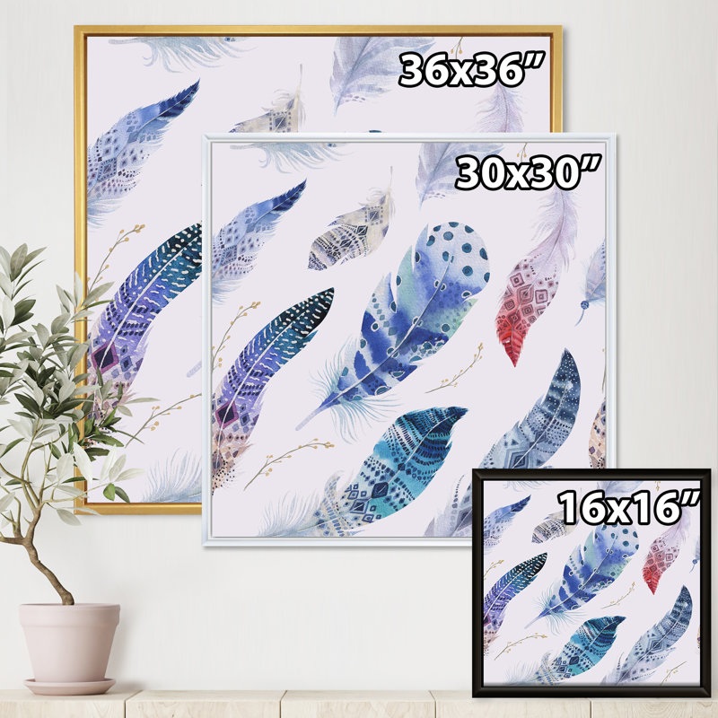 «Elegant Blue Boho Feathers», impression sur toile, Cadre blanc, H 16 po x l 16 po x P 1 po