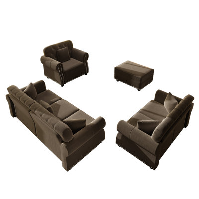 Ensemble de canapé en velours de style Mid-Century avec garniture cloutée, canapé Chesterfield capitonné avec accoudoirs roulés et repose-pieds