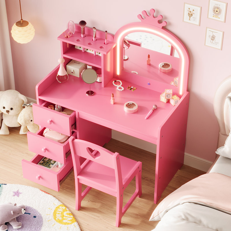 2-in-1 Kids Vanity Table with Lights - Wooden Princess Makeup Desk & Stool Set with 3-Color LED Mirror - Convertible Toddler Dressing Table to Writing Desk, 3 Drawers, Birthday Gift