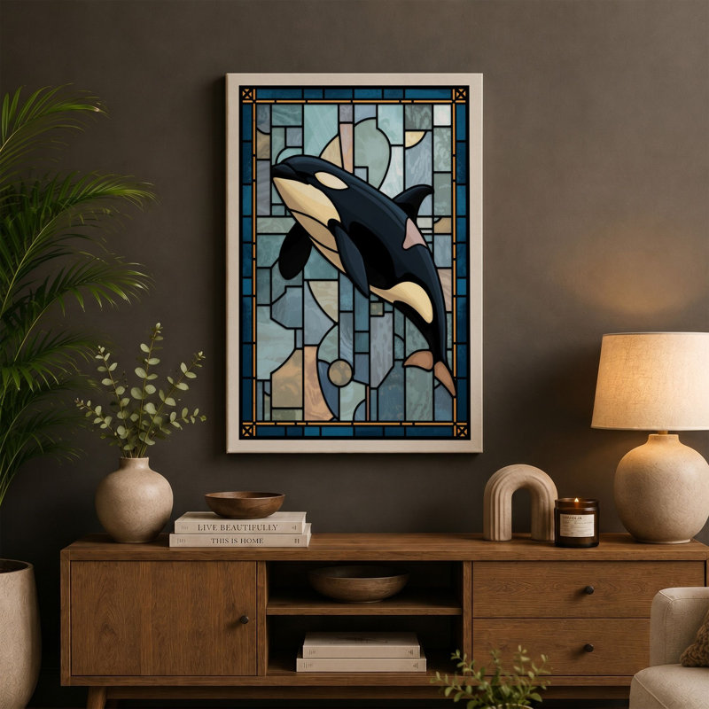 Stained Glass Orca Geometric - Wrapped Canvas, 18x12 - 45.7 x 30.5 cm, White Border