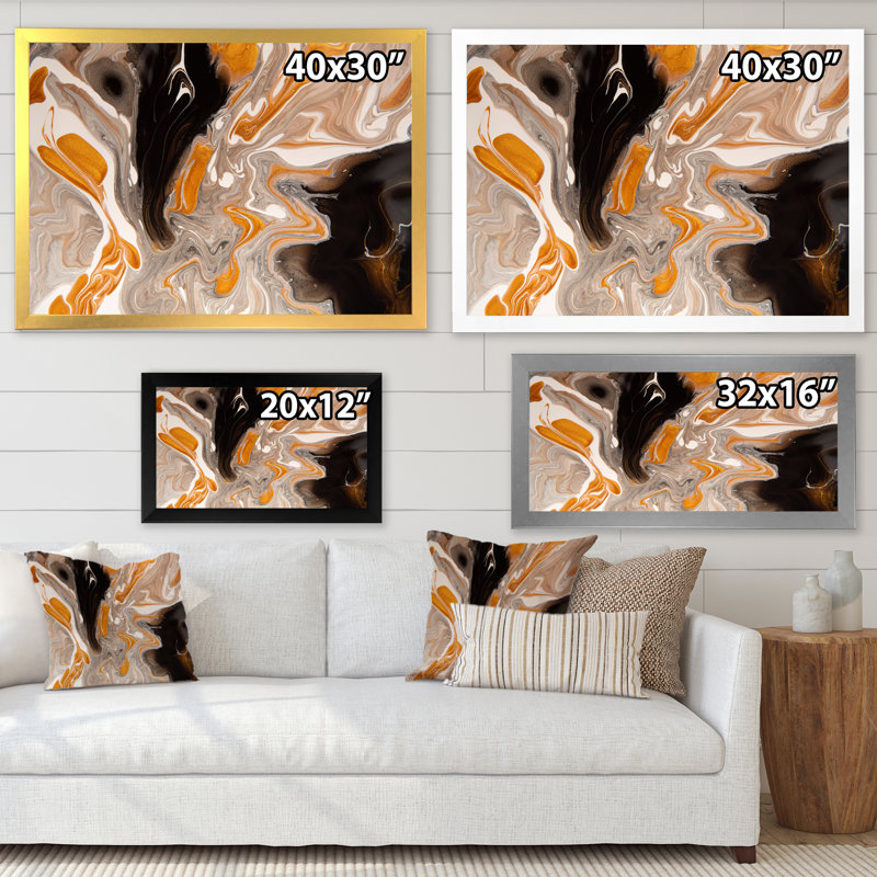 Orange et vagues de marbre noir III - peinture sur toile, H 12 po x l 20 po x P 1 po, Cadre noir