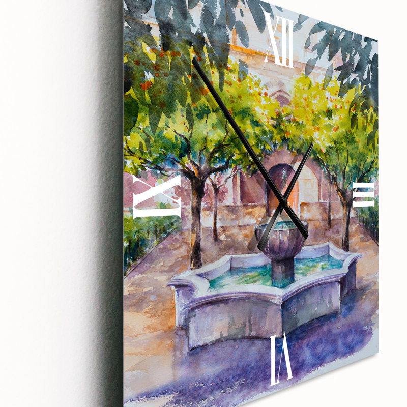 Petite fontaine avec arbres dans le village - horloge murale, Moyen