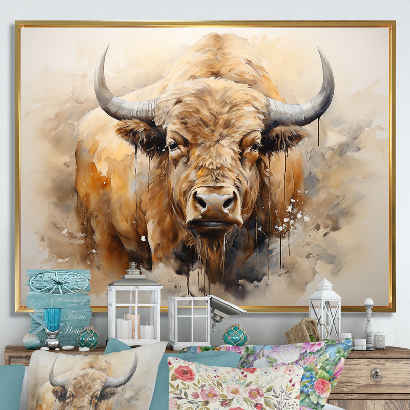 Minimalisme, portrait de bison sur toile, Or, H 30 po x l 40 po x P 1,5 po