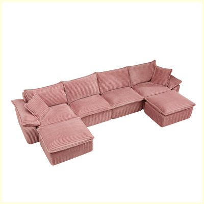 Canapé modulaire 144 pouces en velours côtelé rose | Aucun assemblage requis | Repose-pieds mobile inclus | Confort ultra doux semblable à un nuage | Conception compacte adaptée aux appartements | Style moderne et minimaliste