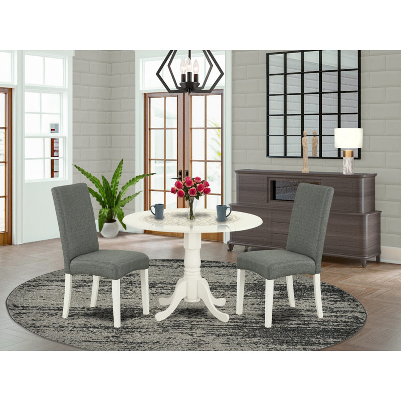 L'ensemble 3 pièces de table et chaises de cuisine contient une table de salle à manger ronde avec Dropleaf et 2 chaises de salle à manger Parsons en tissu gris, lin blanc