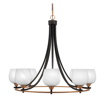 Paramount 8 Light Uplight Chandelier Shown In Matte Black & Brass Finish With 6" White Marble Glass
