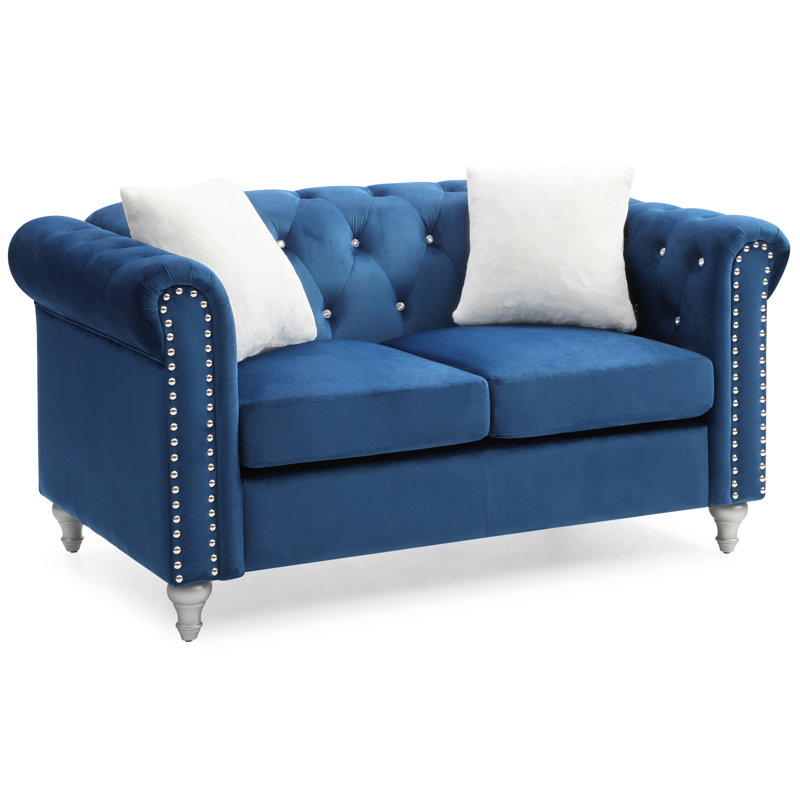 Glory Furniture Raisa Velvet Rolled Arm Chesterfield Loveseat, Navy Blue