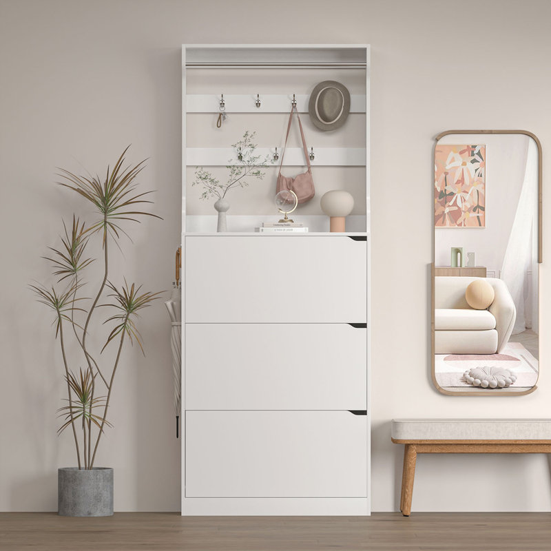 Armoire de rangement pour chaussures 24 paires, 3 tiroirs rabattables, tablettes réglables et 9 crochets - Rangement pour entrée peu encombrant