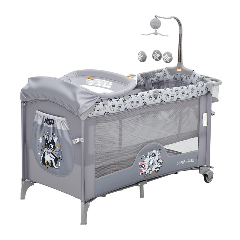 Canapé-lit portable 4 en 1 avec table à langer, roues verrouillables, porte à fermeture éclair, barre de rangement et de jouets, cour de jeu réglable