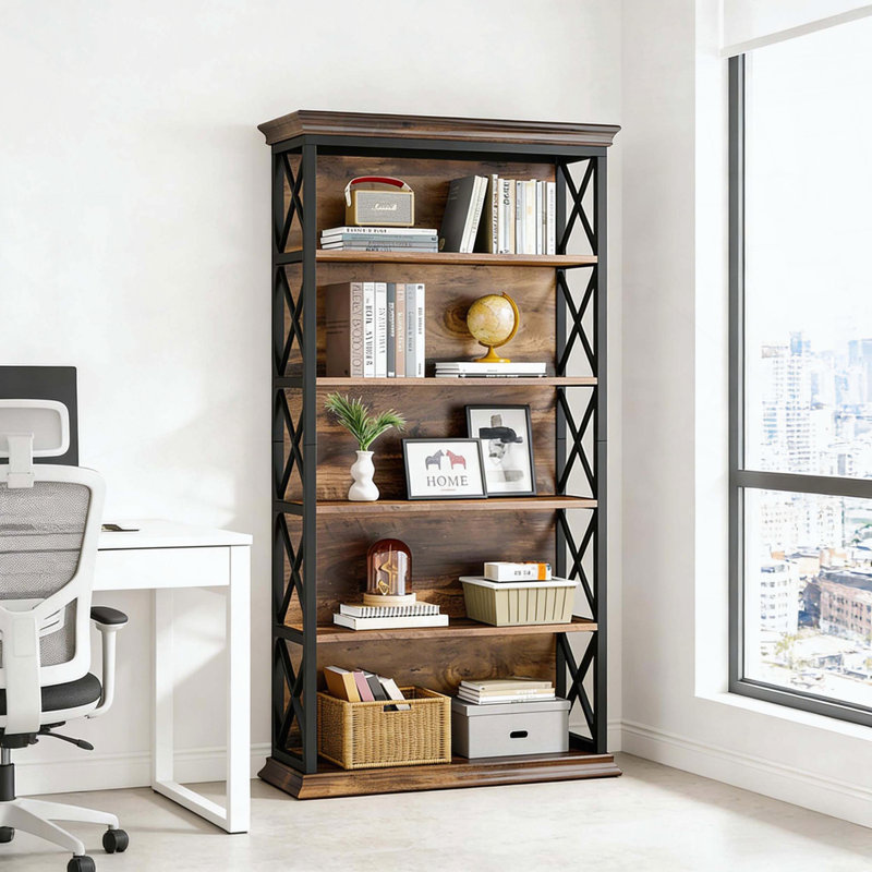 Bibliothèque à 6 niveaux en métal et bois avec détails en X