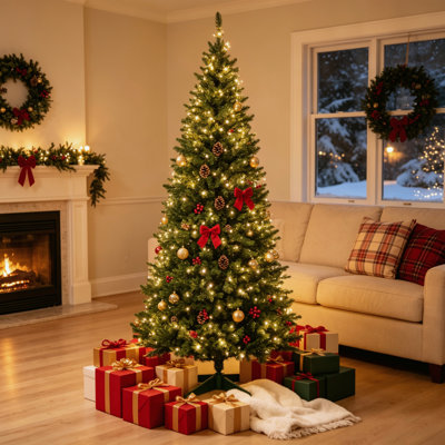 Sapin de Noël artificiel mince 8 pi, 618 pointes, 300 lumières DEL blanc chaud et vert