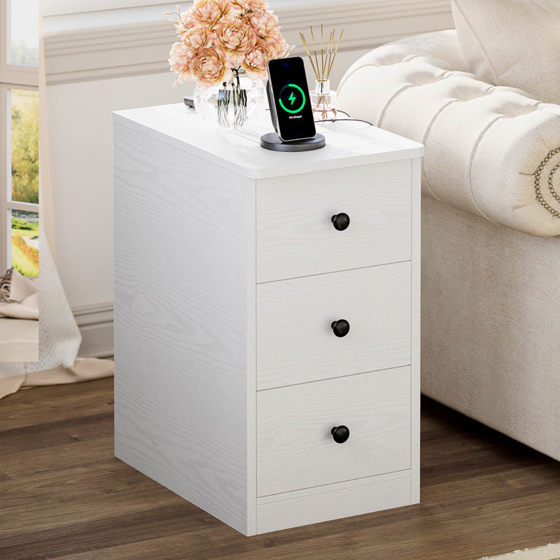 Table de chevet moderne étroite avec station de charge - rangement à 3 tiroirs, Blanc