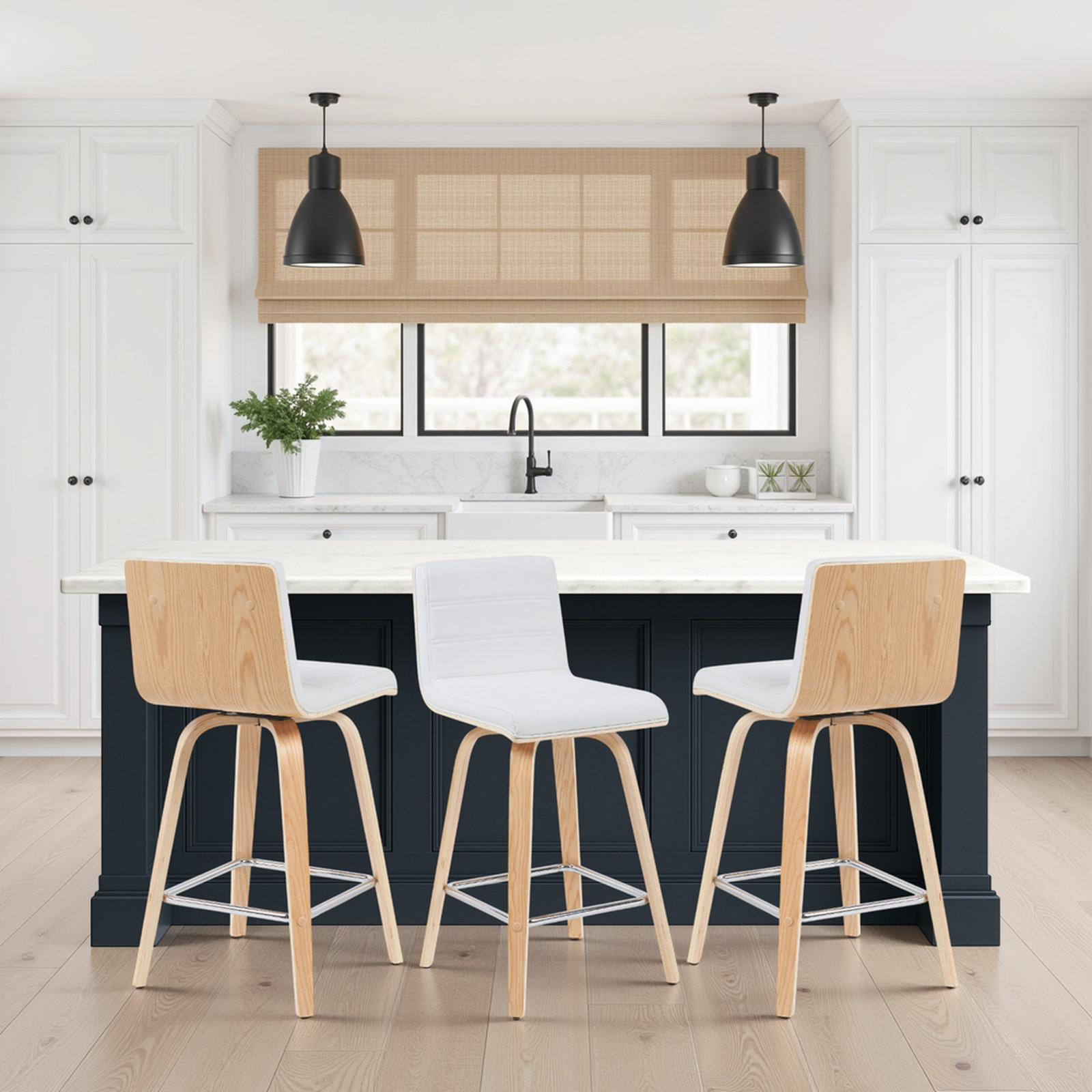 Biance Swivel Bar Stool, Counter Stool (26" Seat Height), White Faux Leather, Natural