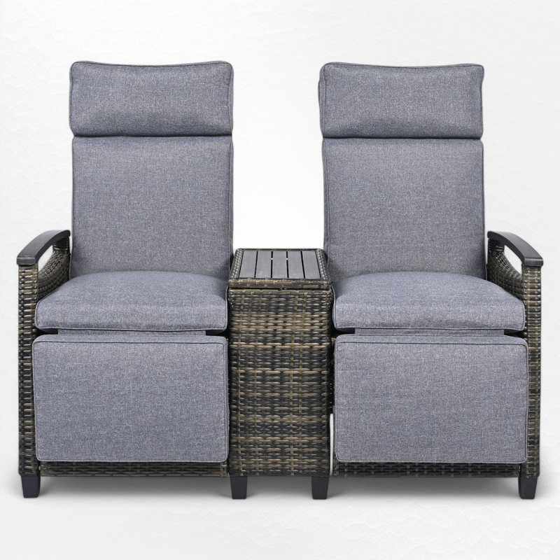 Outdoor Wicker Reclining Loveseat With Storage Table, Grey Cushion/Grey Frame