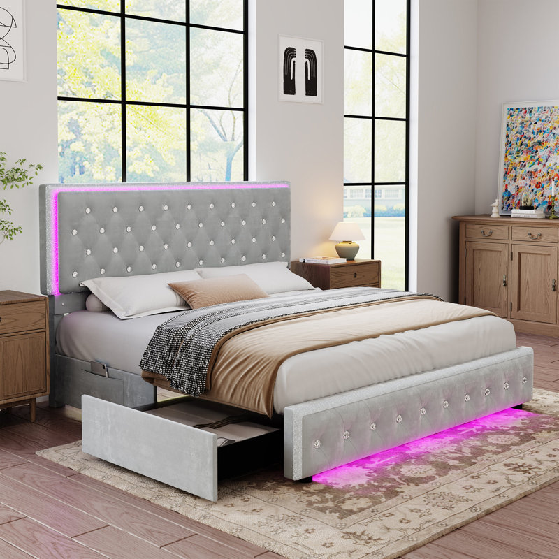 Velvet Bed Frame with 2 Drawers, Upholstered Headboard, LED Footboard and Side Pockets, Full, Cream