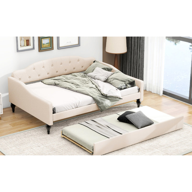 Lit de jour double rembourré avec lit gigogne simple, beige - Le lit gigogne pratique et élégant améliore la fonctionnalité de l'espace de vie