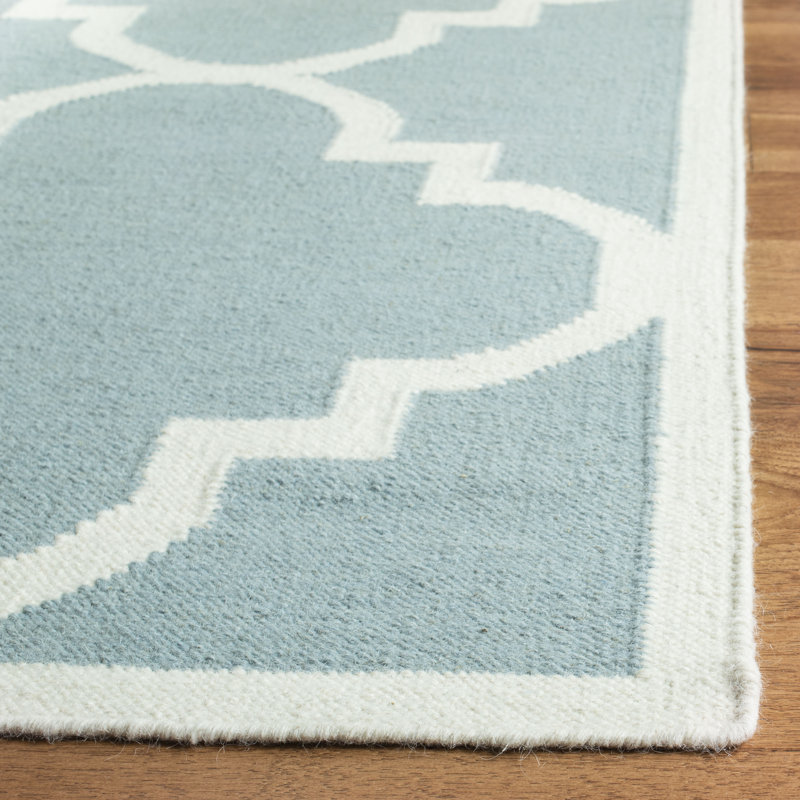 Rodgers Hand Woven Flat Weave Wool/Cotton Geometric Rug in Blue/Ivory, Square 6'